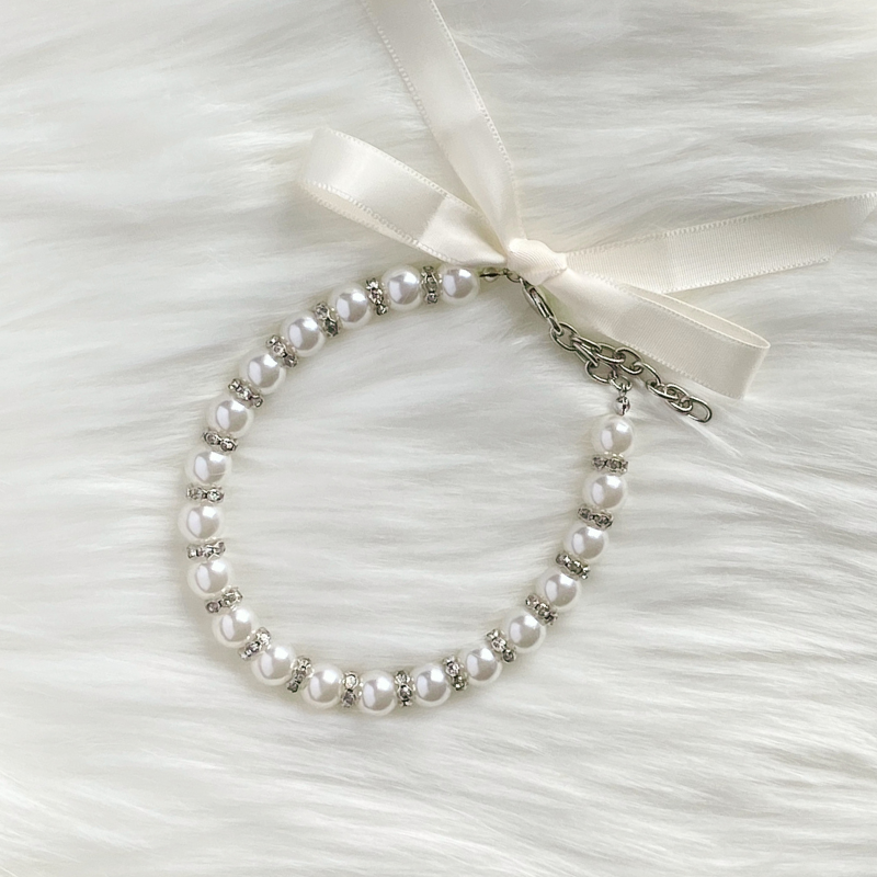 Pearl Cat Choker Necklace With Ribbon And Bow - Blingyfur 