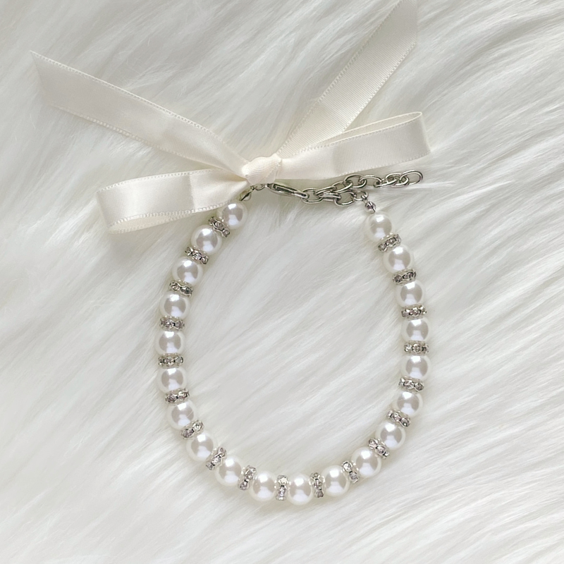 Pearl Cat Choker Necklace With Ribbon And Bow - Blingyfur 