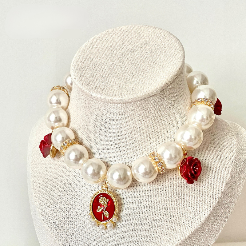 Red Rose Pearl Pet Collar - Blingyfur 