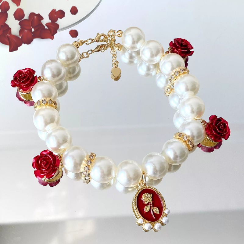 Red Rose Pearl Pet Collar - Blingyfur 