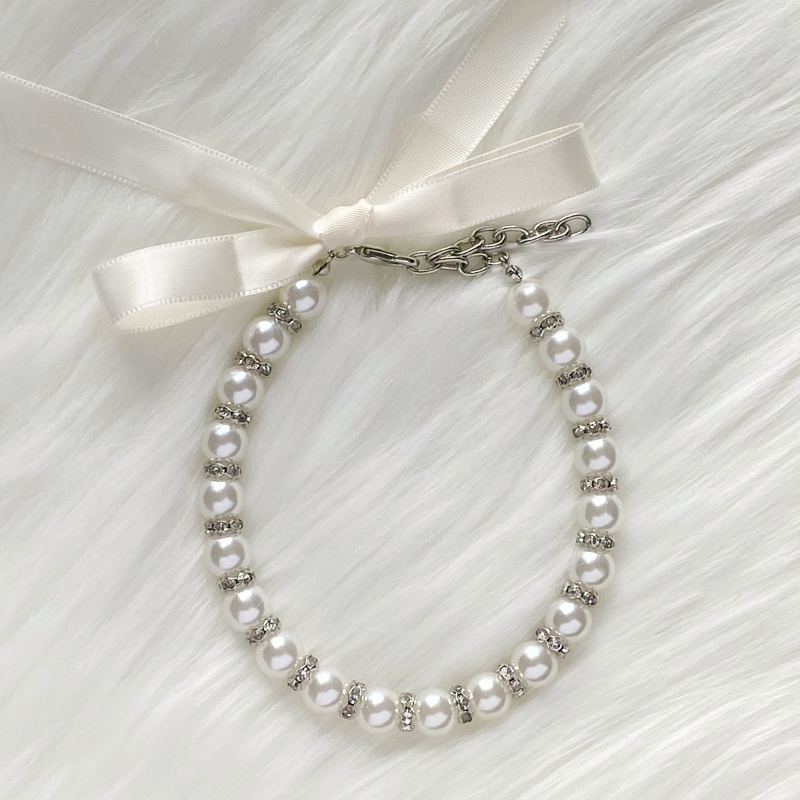 Pearl Cat Choker Necklace With Ribbon And Bow - Blingyfur 